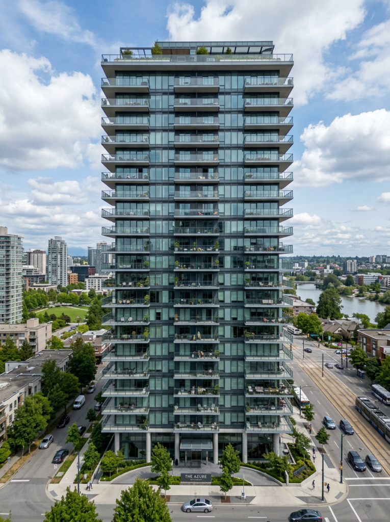 High-rise residential building with glass balconies and surrounding cityscape including river and streets